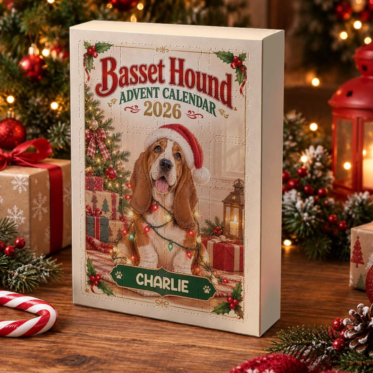 Personalized Basset Hound Advent Calendar, 24 Acrylic Charms, Custom Dog Name, Holiday Countdown, Pet Lover Gift