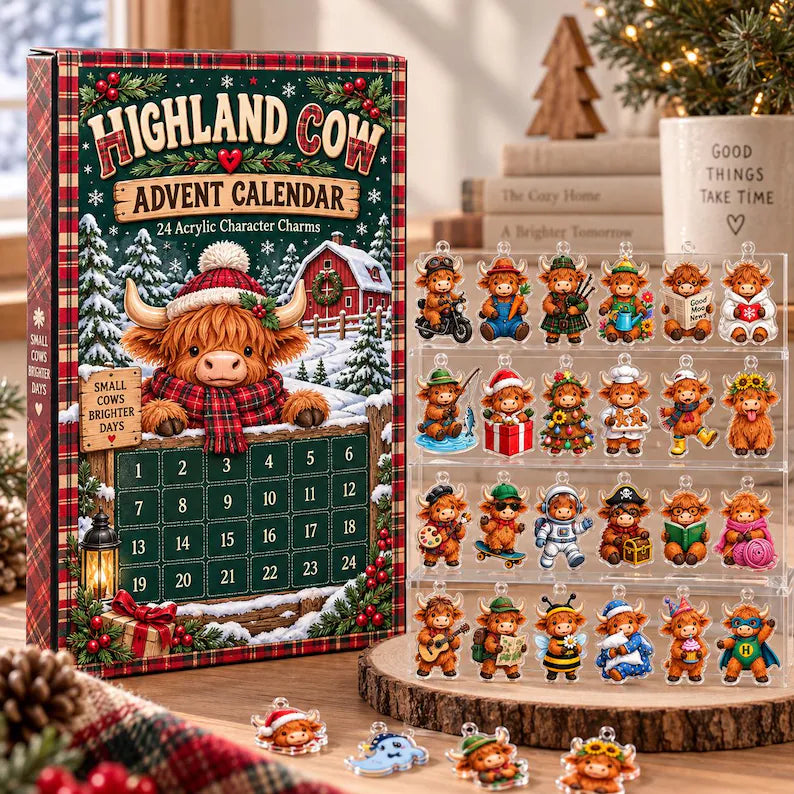 Highland Cow Advent Calendar 2026, 24-Day Christmas Countdown Box, Mini Cow Figurines, Farmhouse Holiday Decor, Cow Lover Gift
