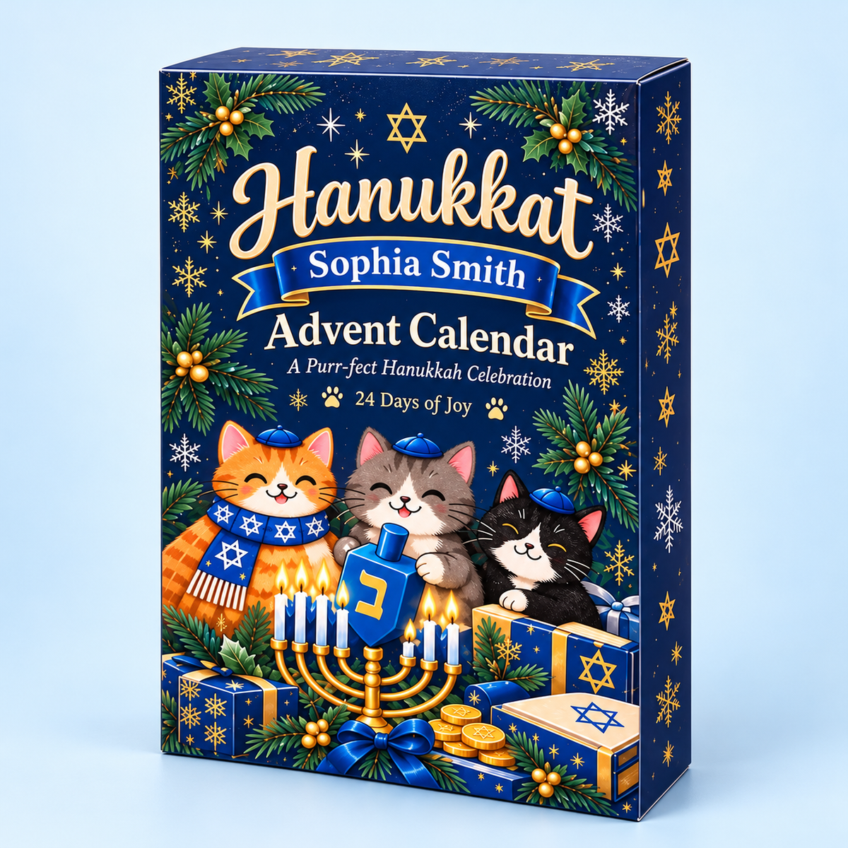 Hanukkah Advent Calendar: Personalized Christmas Countdown Box, Blue Paper and Acrylic