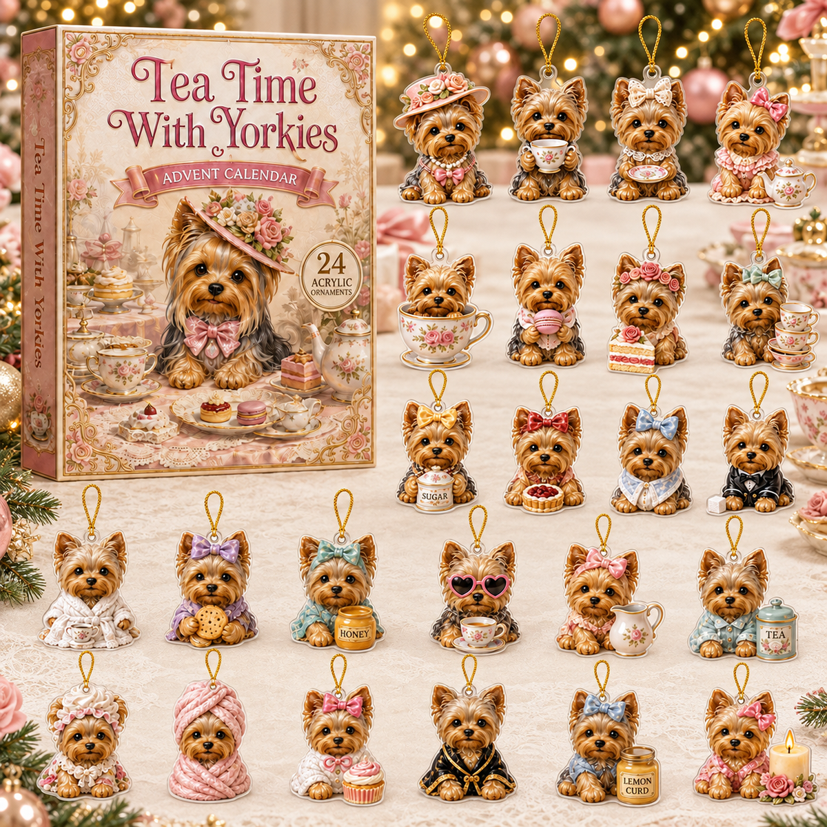 Tea Time With Yorkies Advent Calendar 2026 - 24-Day Festive Countdown, Acrylic Charms Blind Box - Gift For Yorkshire Terrier Lovers