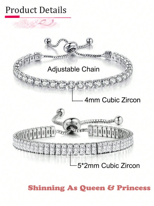 2pcs Adjustable Round Zirconia Tennis Bracelets for Women