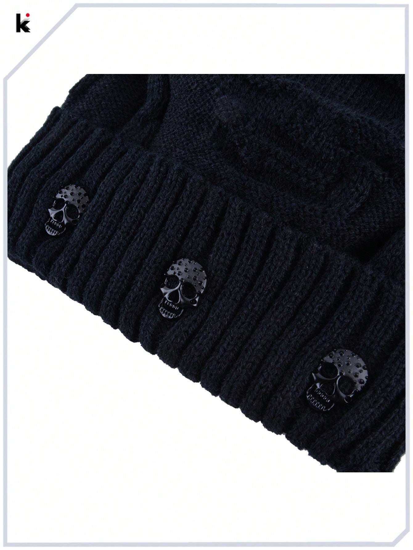 Men's Metal Skull Decor Knitted Beanie - Warm Double Layer