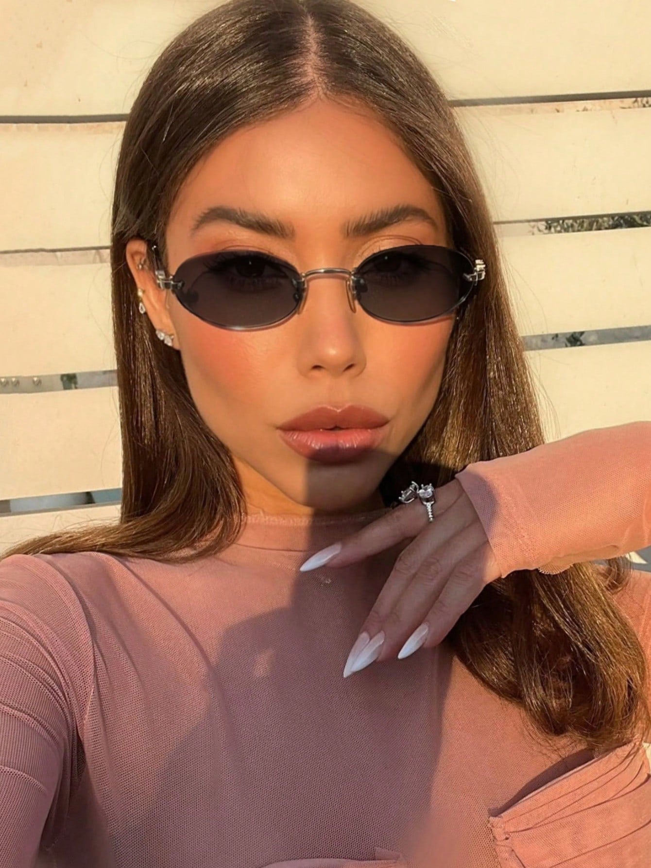 Women's Dark Grey Oval Frameless Metal Arm Glasses