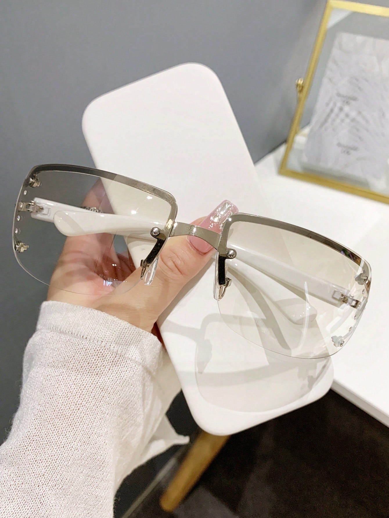 Y2K Silver Mirror Rhinestone Wraparound Glasses