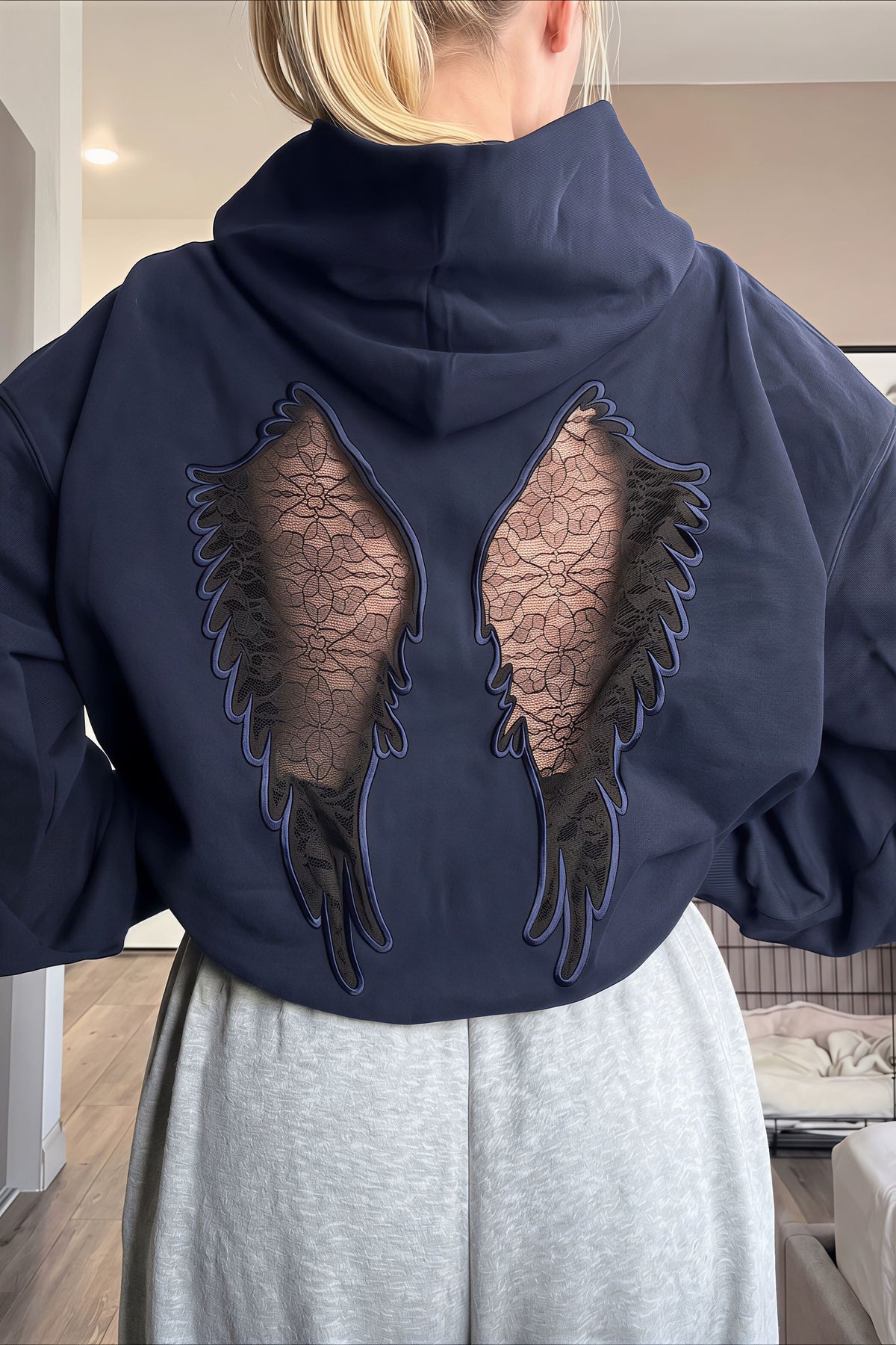 Lace Wing Back Cropped Zip Up Hoodie