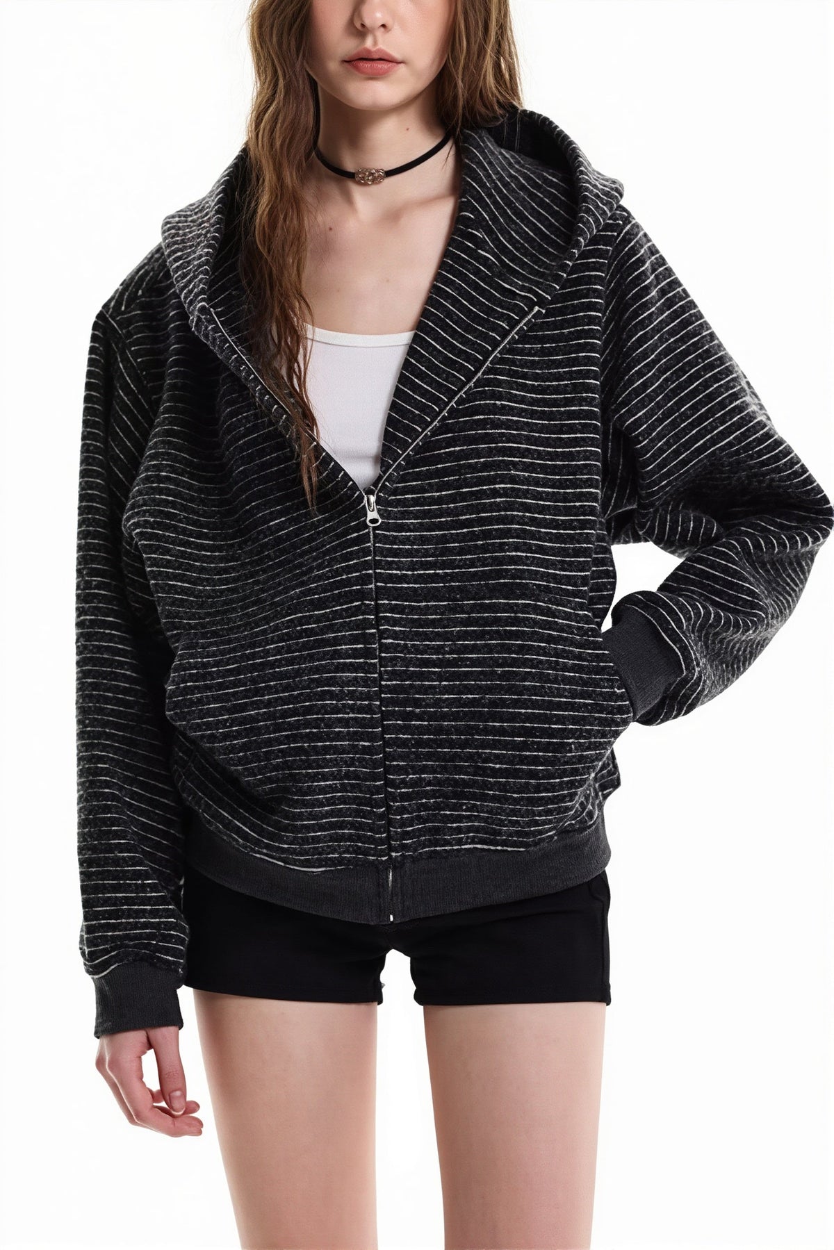 Fluffy Striped Oversize Zip Hoodie