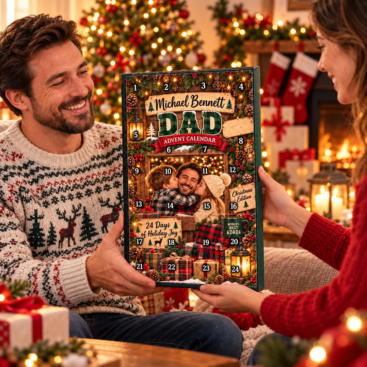 Personalized Dad Photo Advent Calendar 2026, Custom Dad Name Blind Box, 24 Day Christmas Countdown Ornament Set Gift for Dad, Xmas Countdown Dave