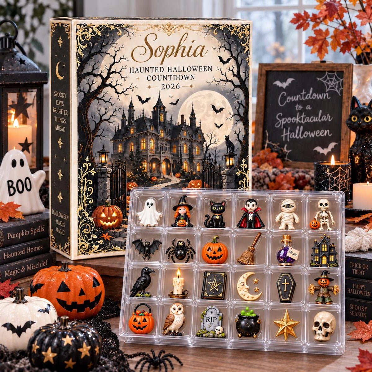 Personalized Halloween Advent Calendar, Haunted House Countdown, 24 Spooky Charms, Halloween Gift for Kids, Family GIFT 2026, Custom Name
