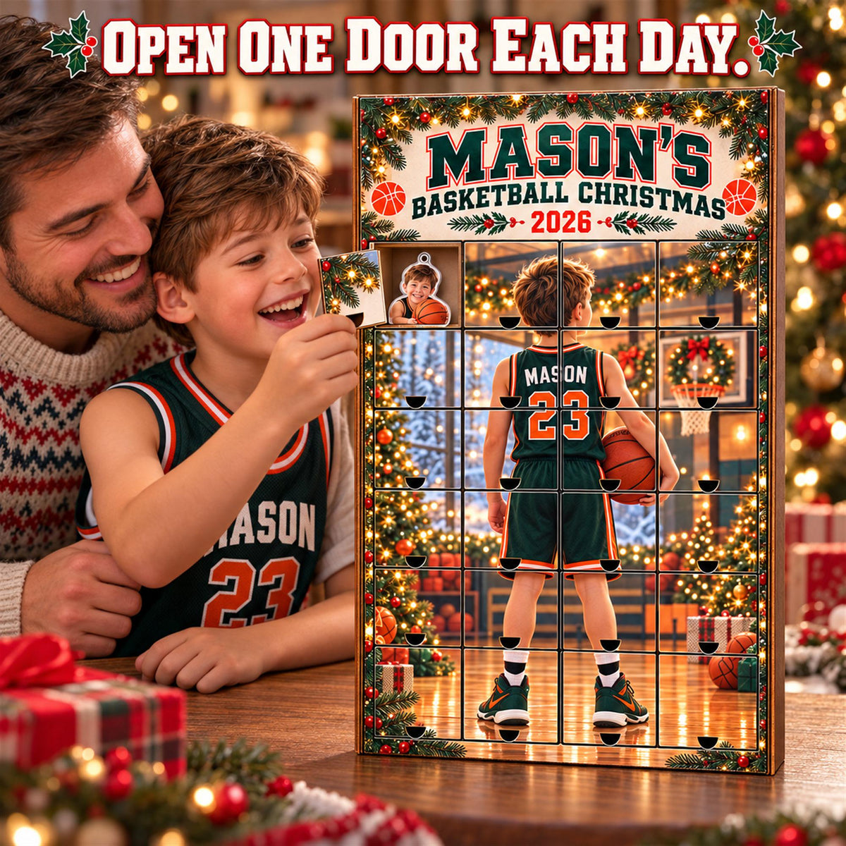 Personalized Basketball Advent Calendar with 24 Custom Photo Acrylic Ornaments, Player Number Christmas Gift for Basketball Family and Coach