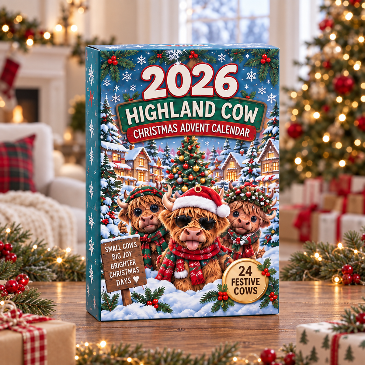 Highland Cow Advent Calendar 2026, 24 Flat Acrylic Christmas Charms