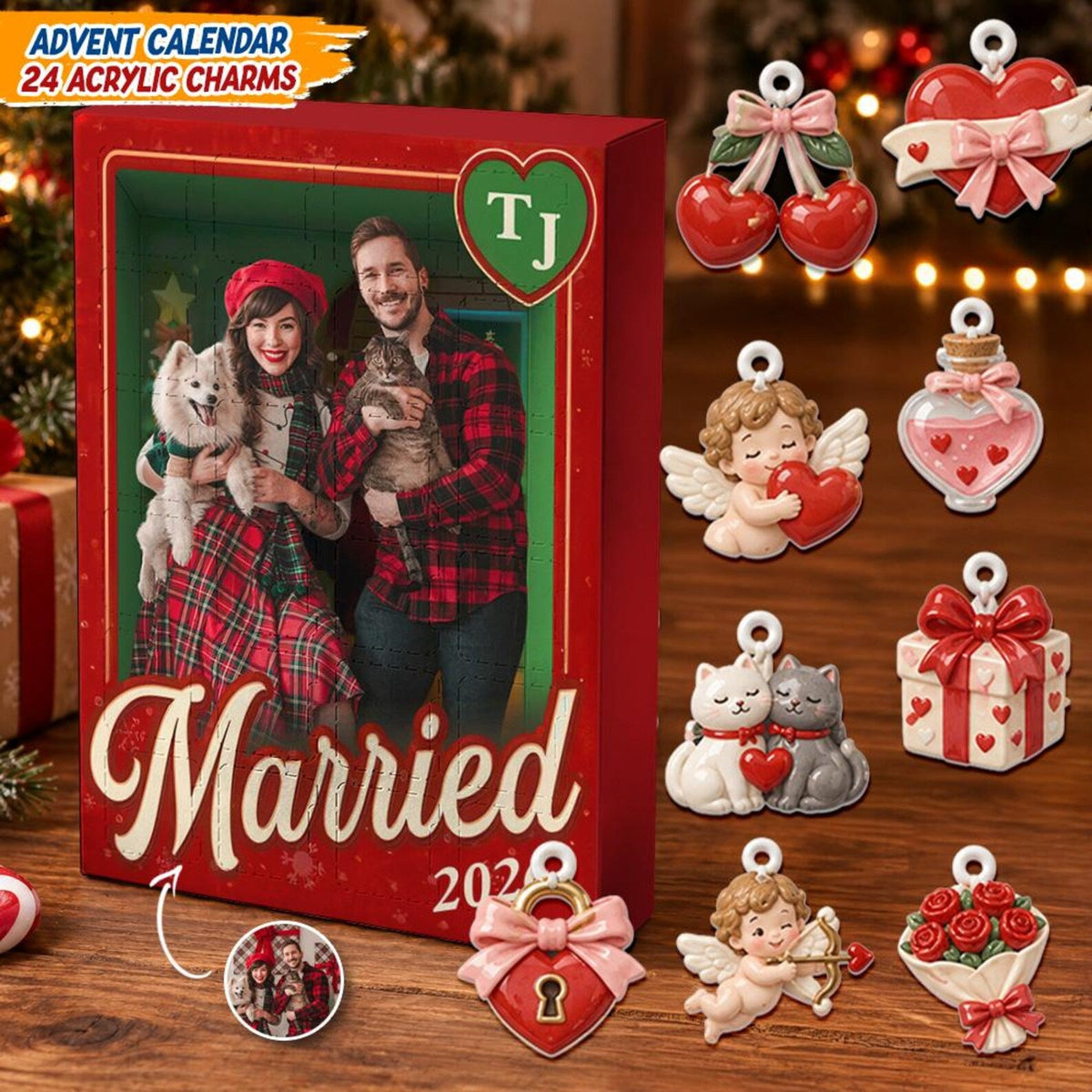 Personalized Married Couple Advent Calendar, 24 Acrylic Charms, Custom Photo Keepsake, Wedding Holiday Gift