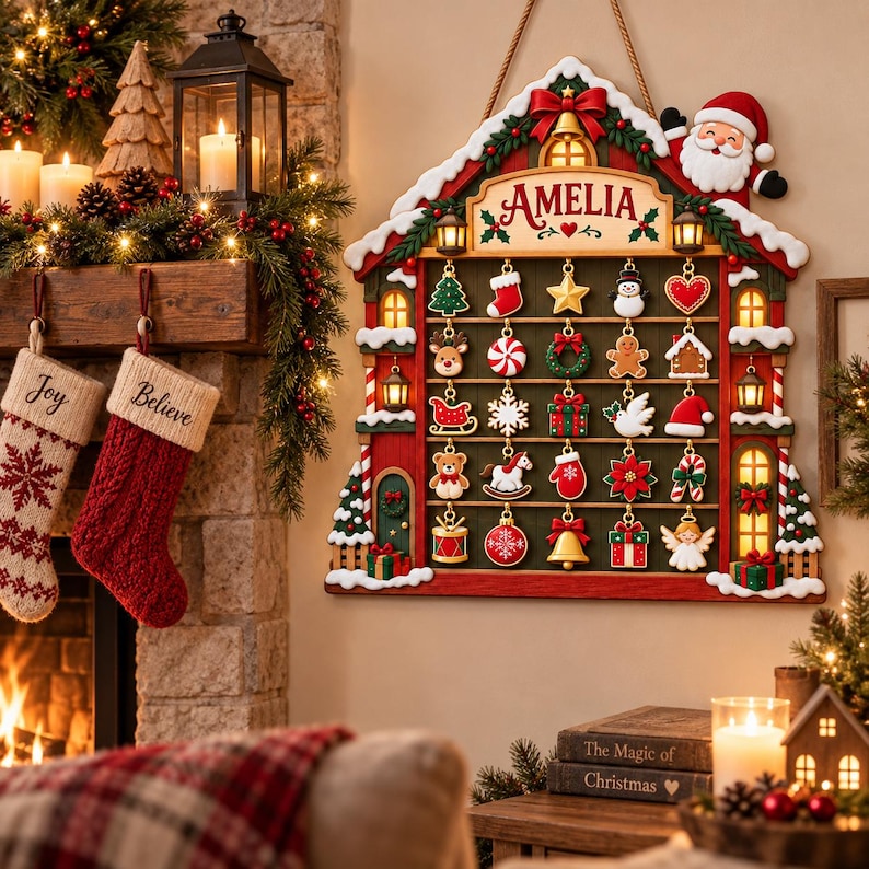 Wooden Advent Calendar Christmas House, Personalized Christmas Countdown Calendar, 24 Days Holiday Decor, Kids Christmas Gift, Family Decor