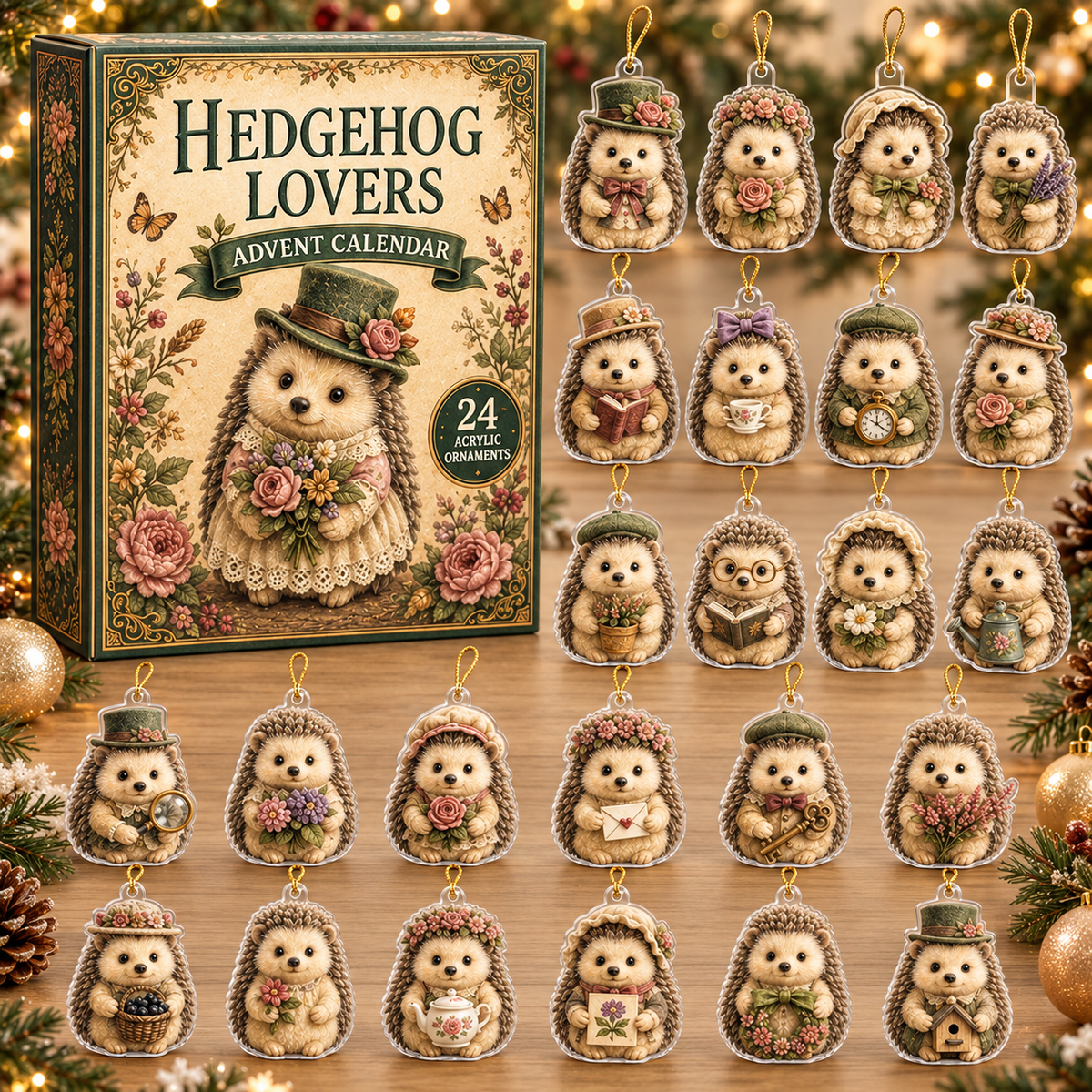 Vintage Hedgehog Lovers Advent Calendar 2026 - 24-Day Festive Countdown, Acrylic Charms Blind Box - Gift For Hedgehog Lovers