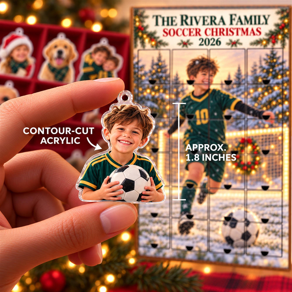 Personalized Soccer Advent Calendar with 24 Custom Photo Acrylic Ornaments, Player Number Christmas Gift for Soccer Family and Coach