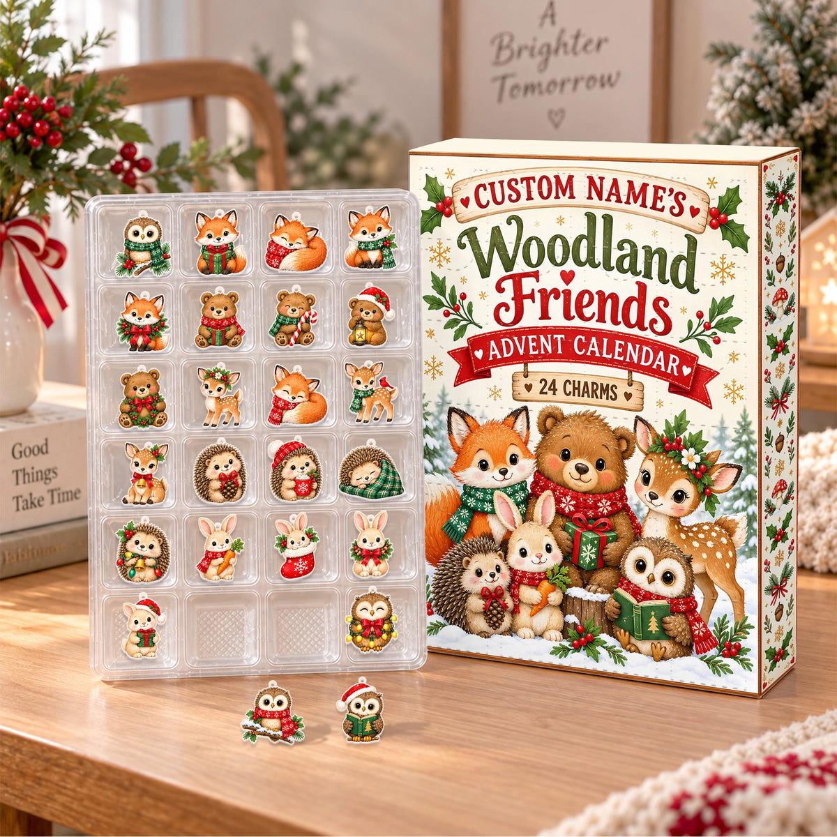 Personalized Woodland Friends Advent Calendar Box, Custom Name 24 Charm Christmas Countdown, Kids Holiday Keepsake Gift