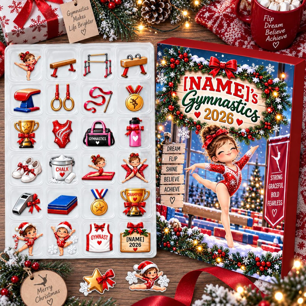 Personalized Gymnastics Advent Calendar 2026, Girls 24 Days Holiday Countdown Box