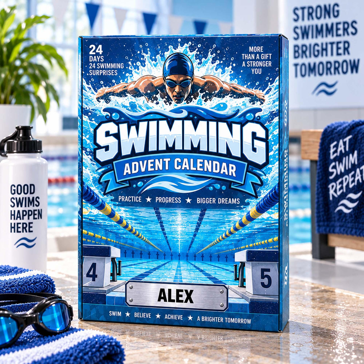 Personalized Swimming Advent Calendar 2026, Custom Swimming Blind Box, 24 Day Christmas Countdown with Swimming Tokens, Xmas Countdown Decor