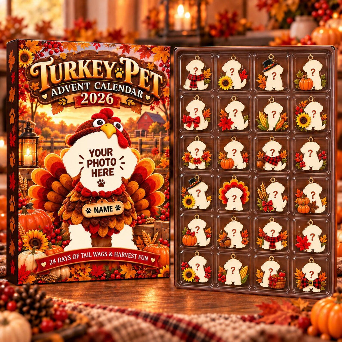 Personalized Turkey Pet Advent Calendar 2026, Custom Pet Photo Thanksgiving Countdown Box, 24 Acrylic Charms