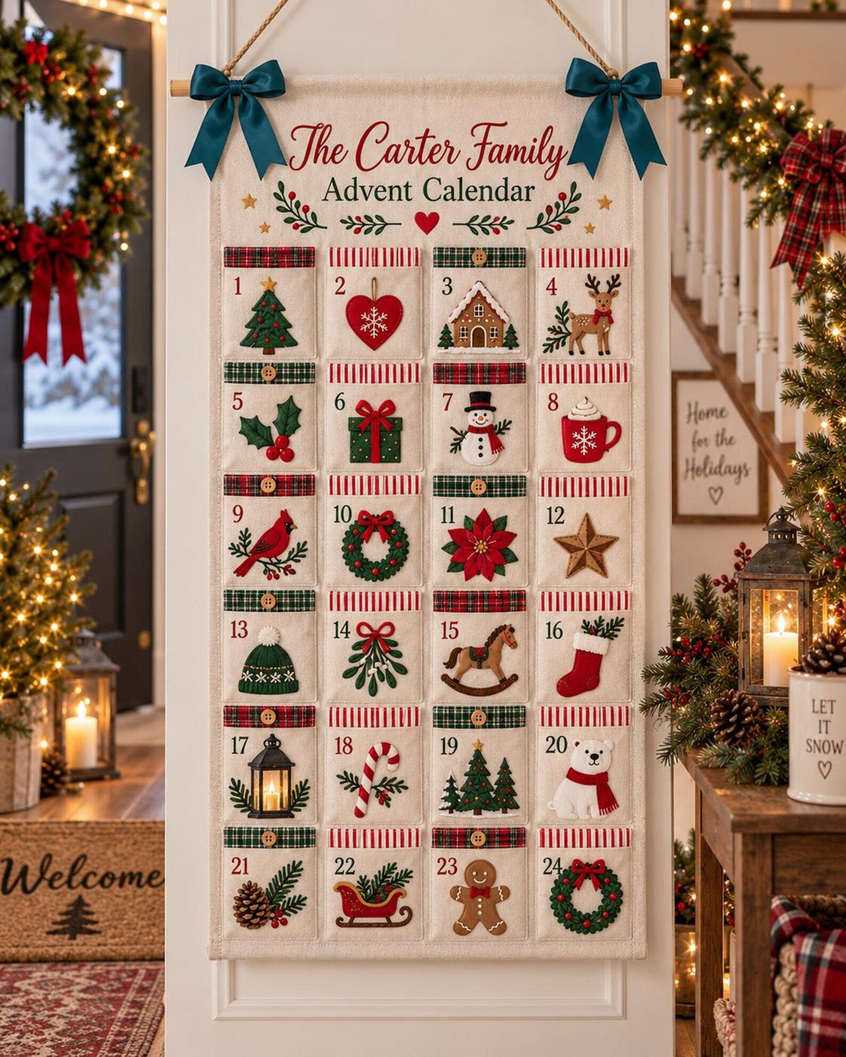 Personalized Family Advent Calendar, 24 Pocket Christmas Countdown, Custom Name Holiday Wall Hanging, Christmas Decor