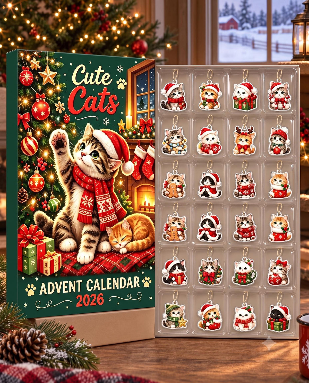Cute Cat Christmas Advent Calendar 2026, 24 Days Holiday Countdown with Hanging Kitten Ornaments, Xmas Gift for Cat Lover