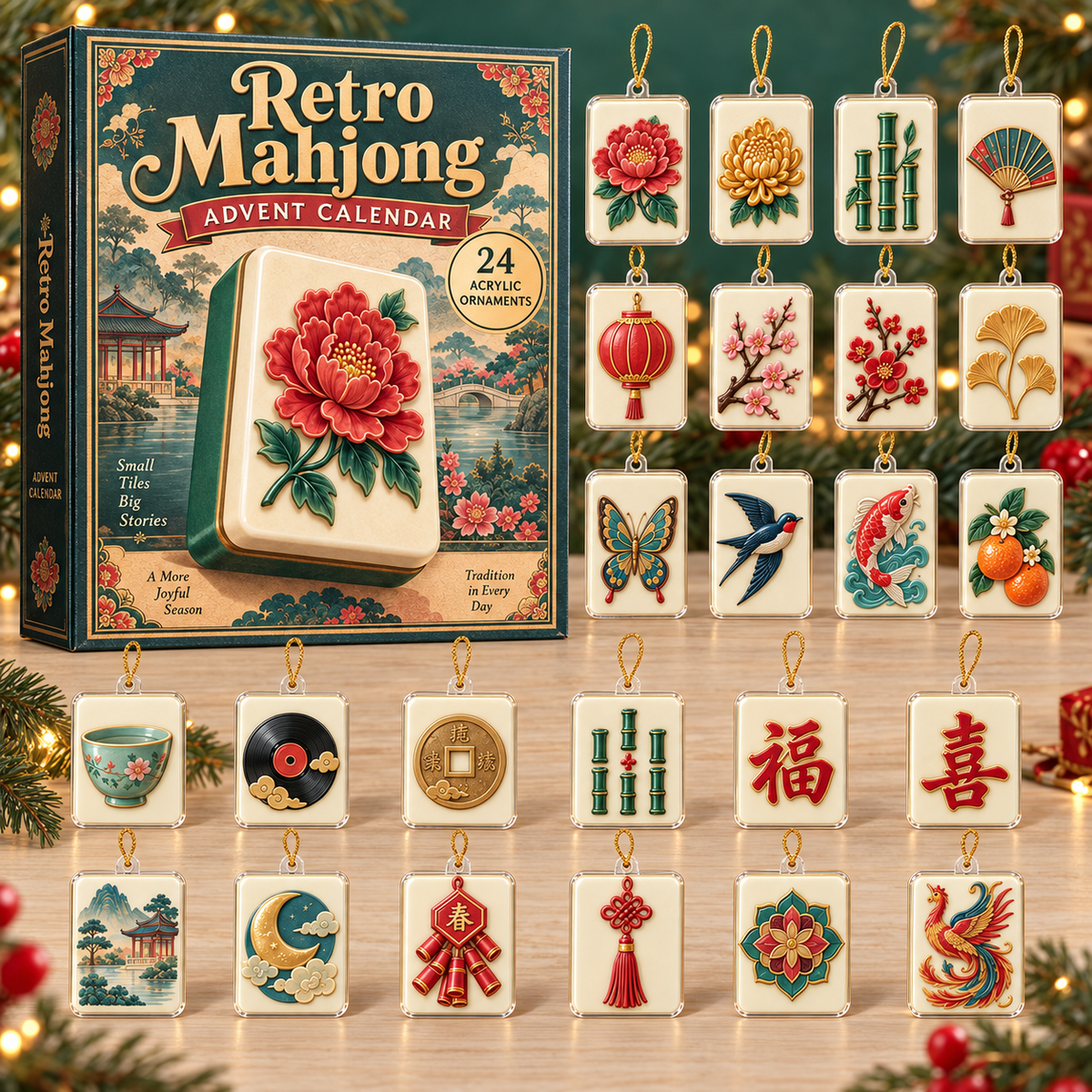 Retro Mahjong Advent Calendar 2026 - 24-Day Festive Countdown, Acrylic Charms Blind Box - Gift For Mahjong Lovers