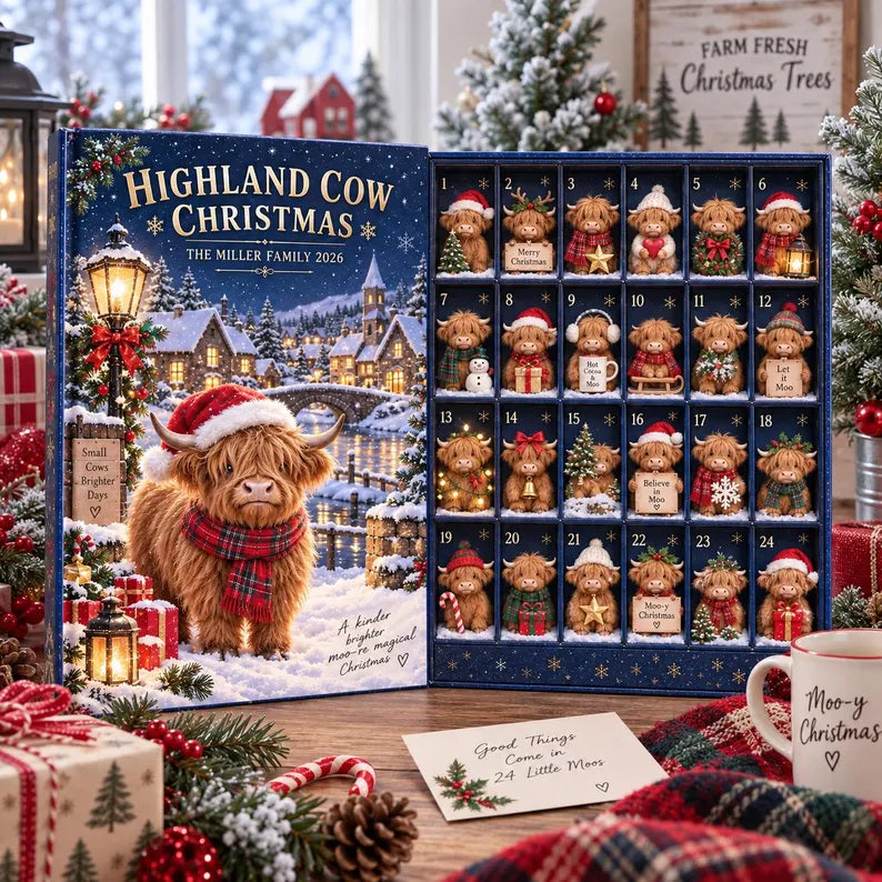Personalized Highland Cow Advent Calendar, Christmas Countdown Box, 24 Mini Cow Figures, Family Holiday Keepsake, Kids Collector GIFT 2026
