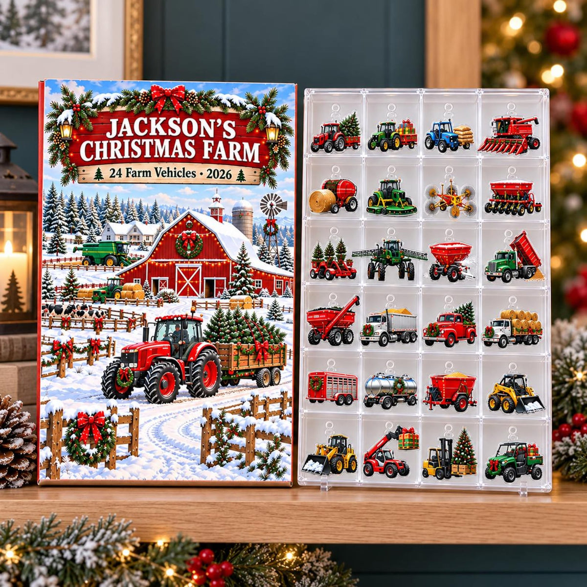 Personalized Farm Advent Calendar 2026, Tractor Christmas Countdown, Farm Vehicle Ornaments, Custom Name Gift for Boys and Tractor Lovers