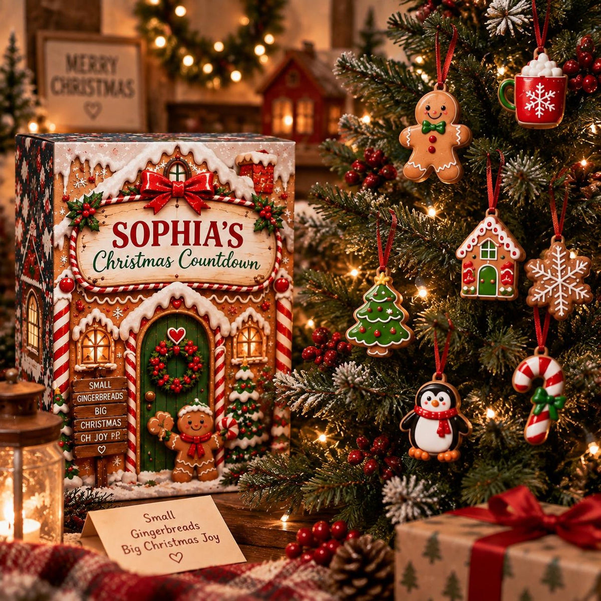 Personalized Gingerbread Advent Calendar, 24 Christmas Ornaments Countdown, Cute Holiday Decor, Custom Name Xmas Gift for Family