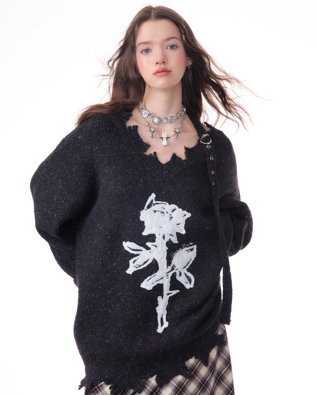 Distressed Rose Print Sweater