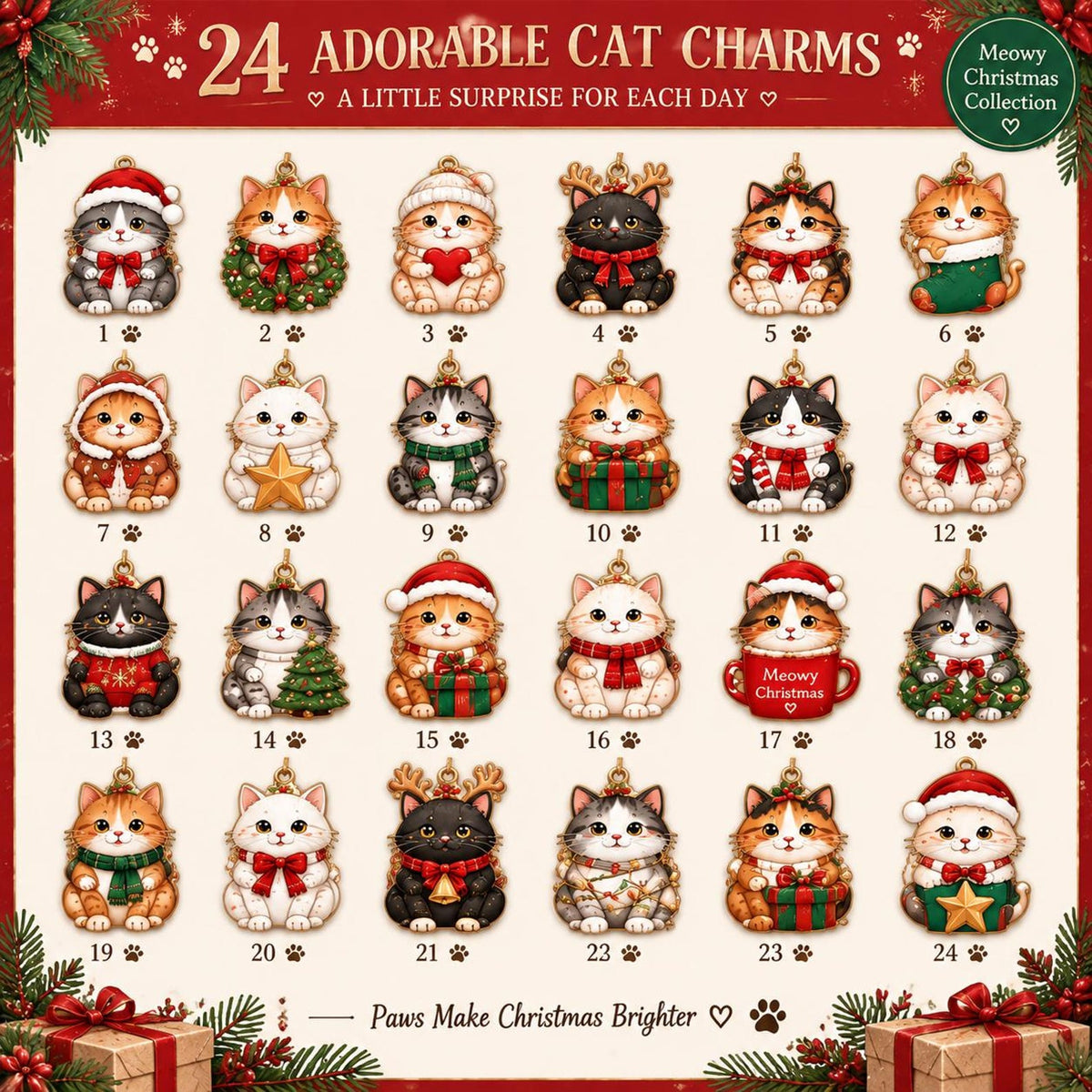 Personalized Cat Advent Calendar, Christmas Countdown Box, 24 Cute Cat Charms, Custom Family Name Holiday Keepsake, Cat Lover Gift 2026