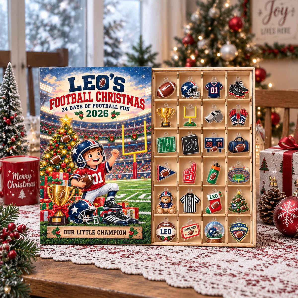 Personalized Football Advent Calendar 2026, Custom Football Christmas Countdown, 24 Acrylic Ornaments, Sports Gift for Football Fans