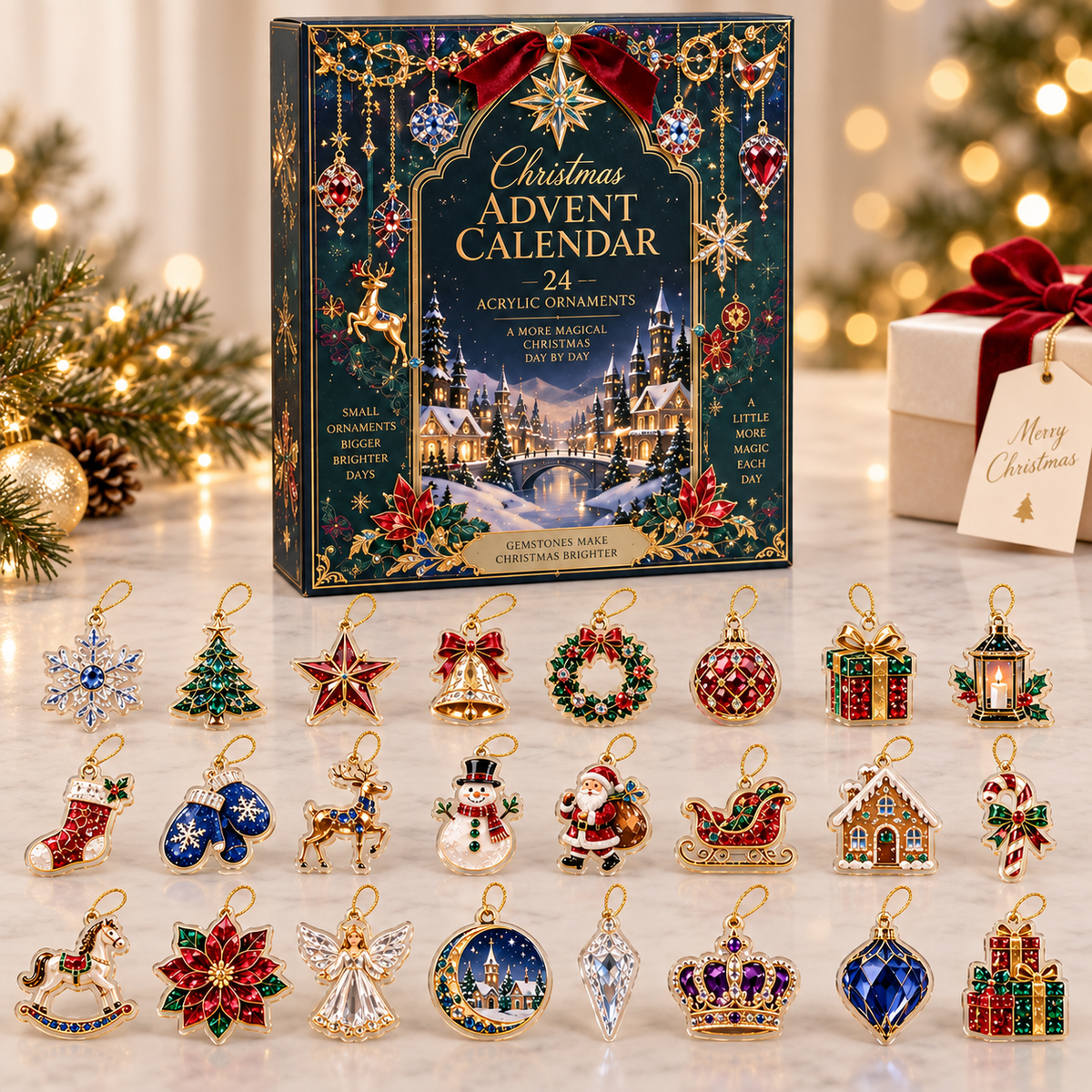 2026 Christmas Advent Calendar with 24 Acrylic Ornaments, Jewel-Inspired Holiday Countdown Calendar, 24 Days of Christmas Mini Keepsake Decorations, Festive Gift for Kids, Adults & Families