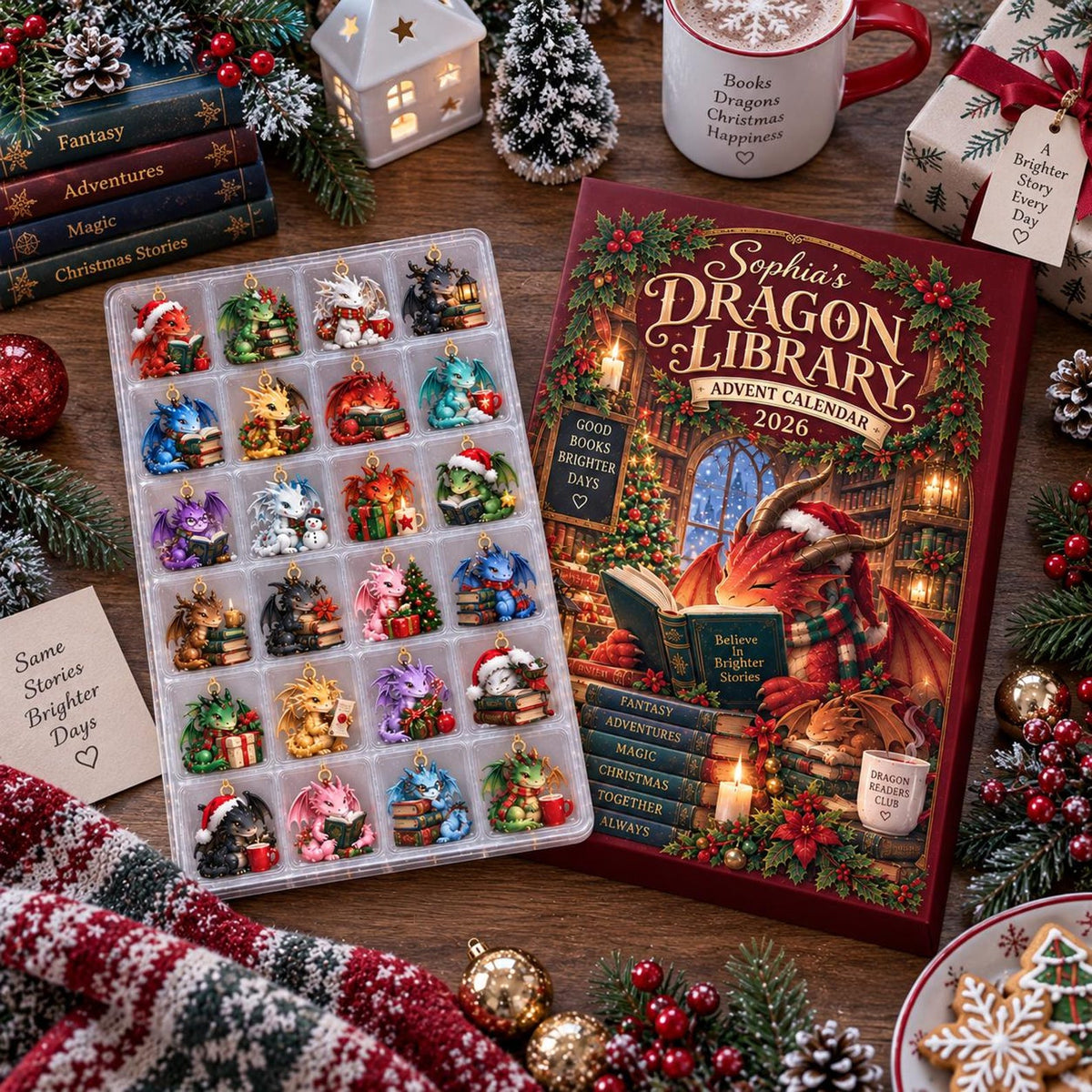 Dragon Library Advent Calendar, 24 Fantasy Ornament Countdown, Book Lover Christmas Gift, Holiday Decor, Gift 2026, Custom Name Keepsake