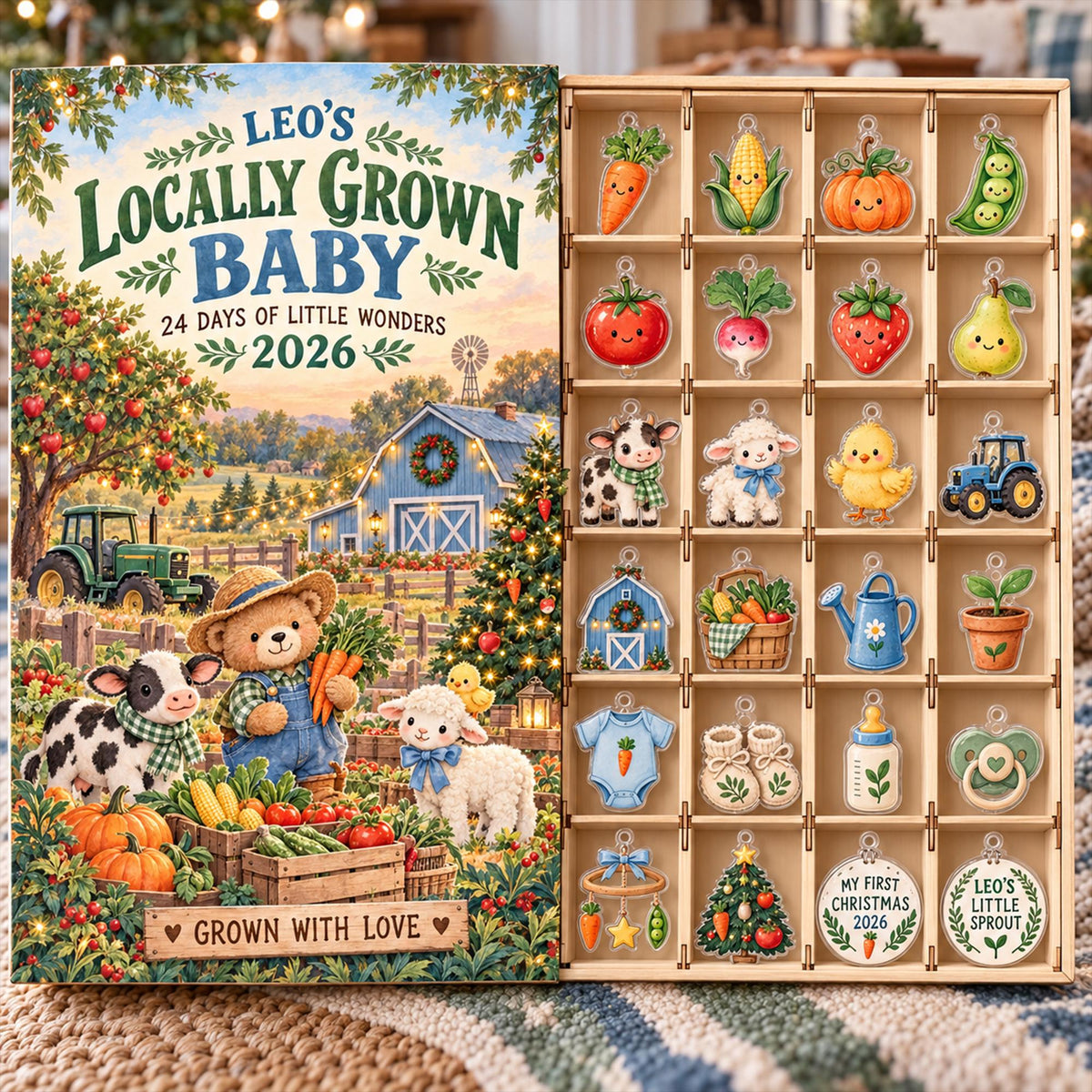 Personalized Farm Advent Calendar 2026, Locally Grown Baby Countdown, 24 Day Christmas Ornament Set, Farm Theme First Christmas Gift