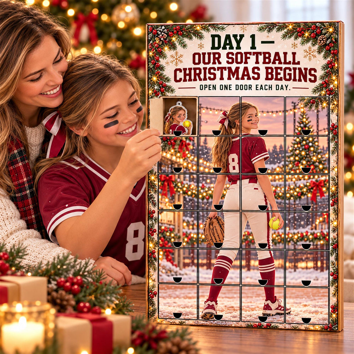 Personalized Softball Advent Calendar with 24 Custom Photo Acrylic Ornaments, Player Number Christmas Gift for Softball Family and Coach