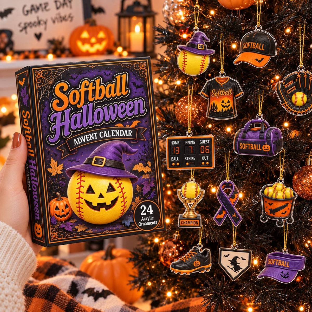 Softball Advent Calendar, Halloween Sports Advent Calendar 2026, 24 Softball Christmas Ornaments, Softball Gifts, Team Gift for Players