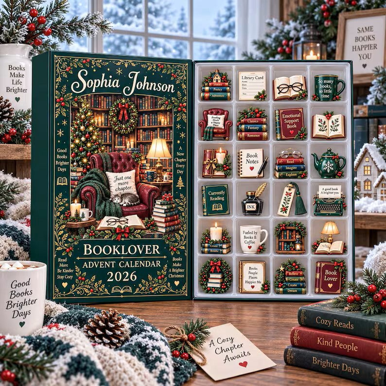 Personalized Book Lover Advent Calendar, Christmas Ornament Set, 24 Day Reading Countdown, Cozy Library Decor, Gift 2026 for Bookworms Gift