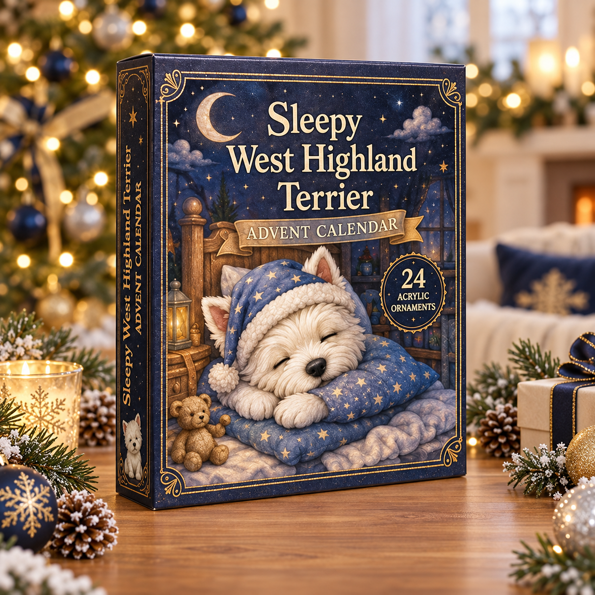 Sleepy West Highland Terrier Advent Calendar 2026 - 24-Day Festive Countdown, Acrylic Charms Blind Box - Gift For West Highland Terrier Lovers
