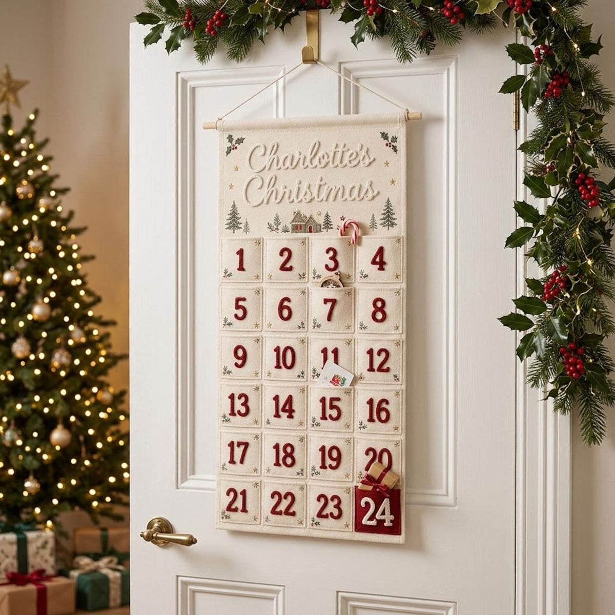 Personalized Advent Calendar for Kids - Custom Chenille Name Christmas Countdown Wall Hanging - Reusable Fabric Pocket Advent Calendar Gift