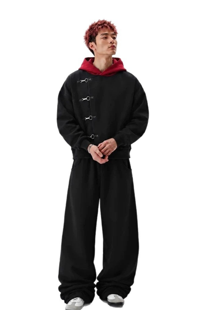 Contrast-Hood Hook-Closure Pullover Hoodie