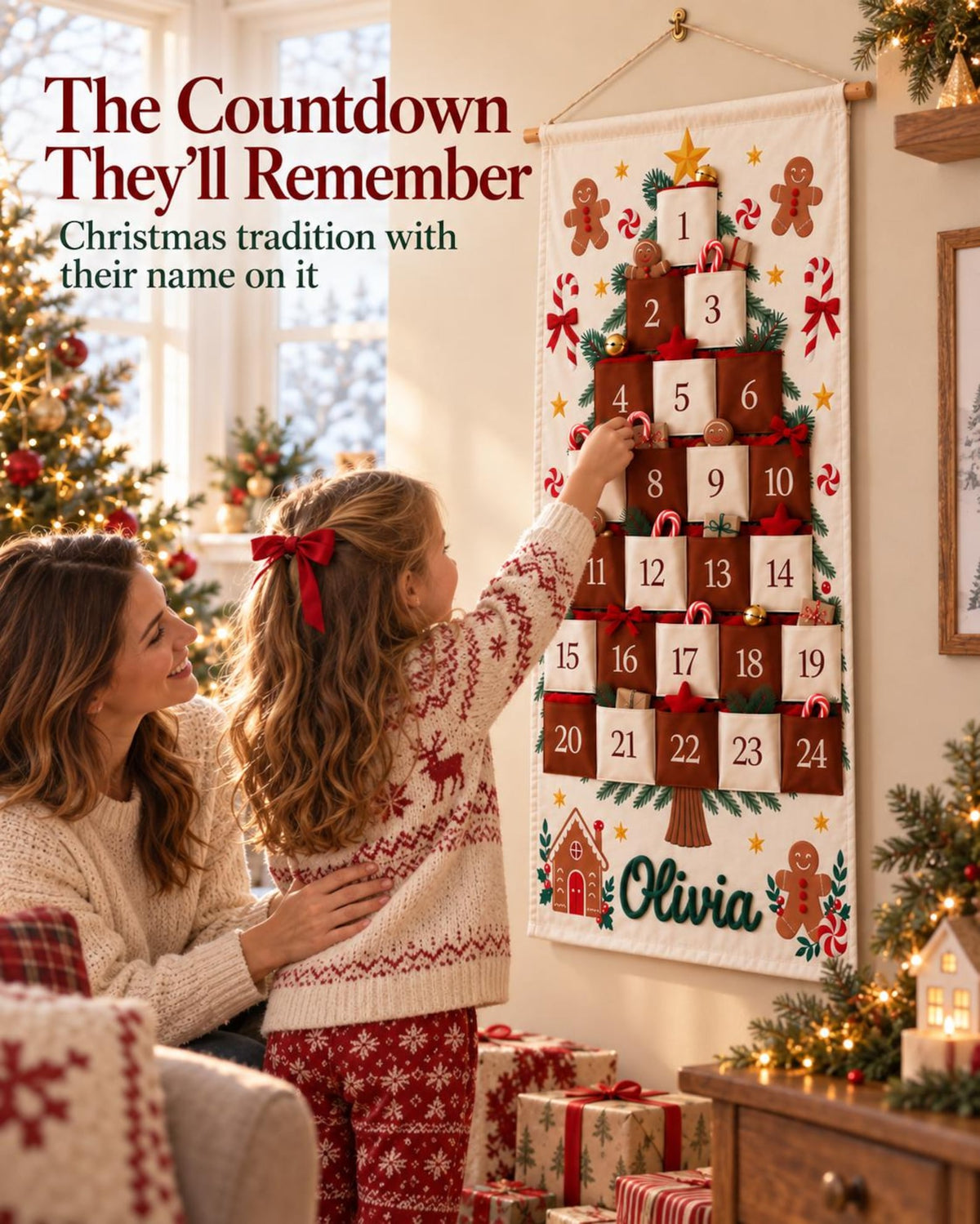 Personalized Christmas Advent Calendar, 24 Pocket Nutcracker Wall Hanging with Custom Name, Reusable Canvas Holiday Countdown Decor for Kids