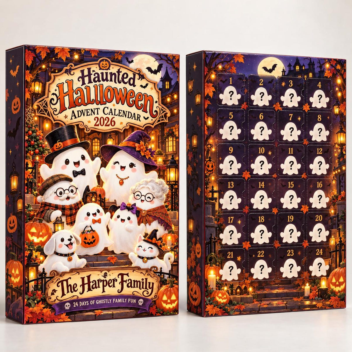 Personalized Halloween Advent Calendar, Custom Family Ghosts, 24 Acrylic Charm Ornaments, Cute Spooky Family Countdown Gift