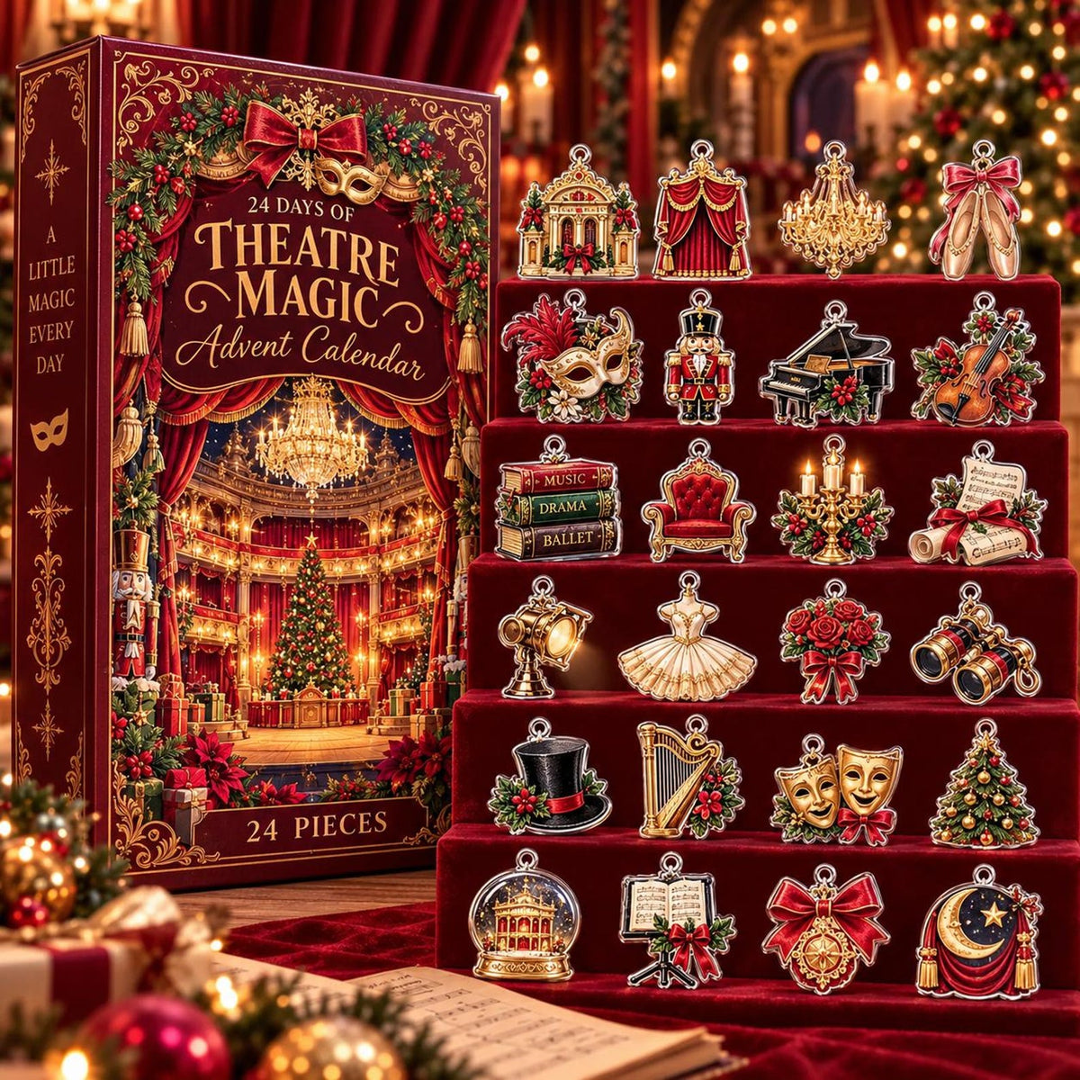 Personalized Theatre Advent Calendar 2026, 24 Acrylic Theatre Ornaments, Musical Theater Christmas Gift, Custom Name Countdown