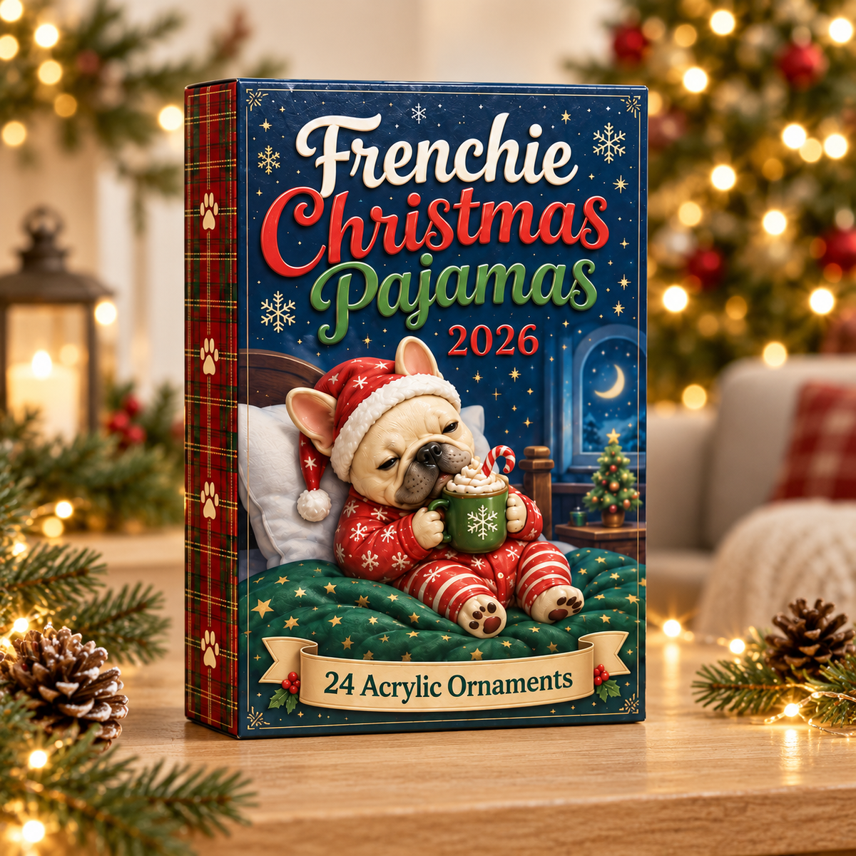 Frenchie Christmas Pajamas Advent Calendar 2026 - 24-Day Festive Countdown, Acrylic Charms Blind Box - Gift For French Bulldog Lovers