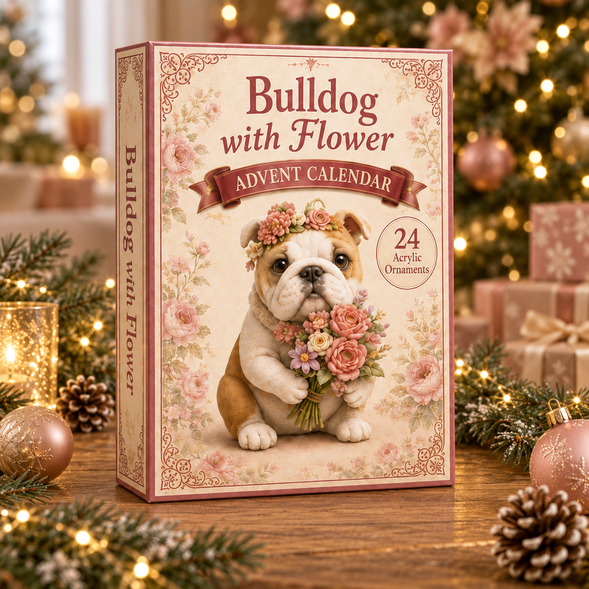 Bulldog With Flower Advent Calendar 2026 - 24-Day Festive Countdown, Acrylic Charms Blind Box - Gift For Bulldog Lovers