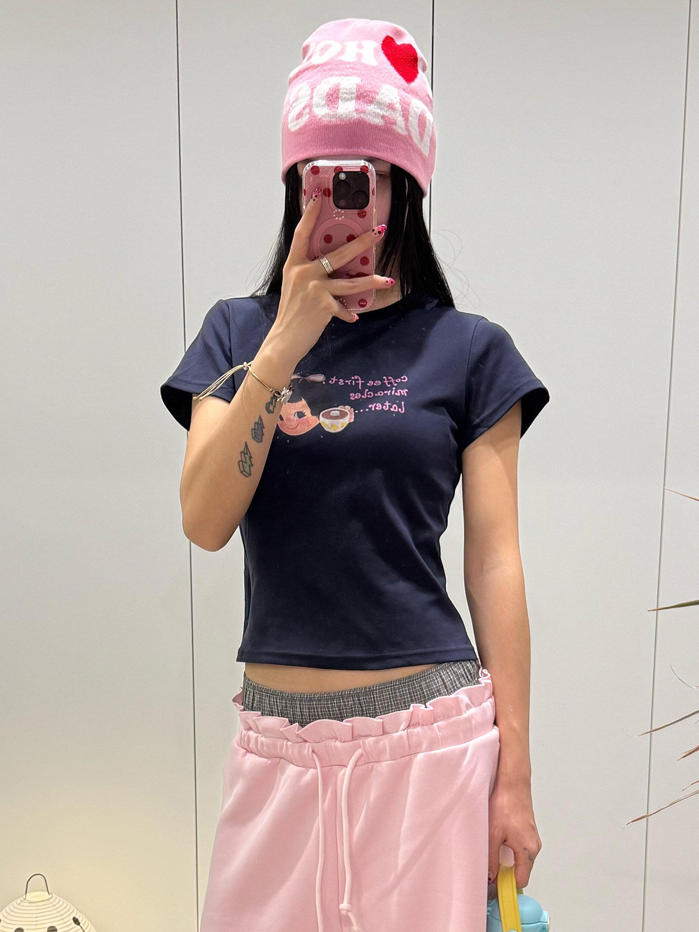 Coffee First Miracles Later Graphic Navy Baby Tee