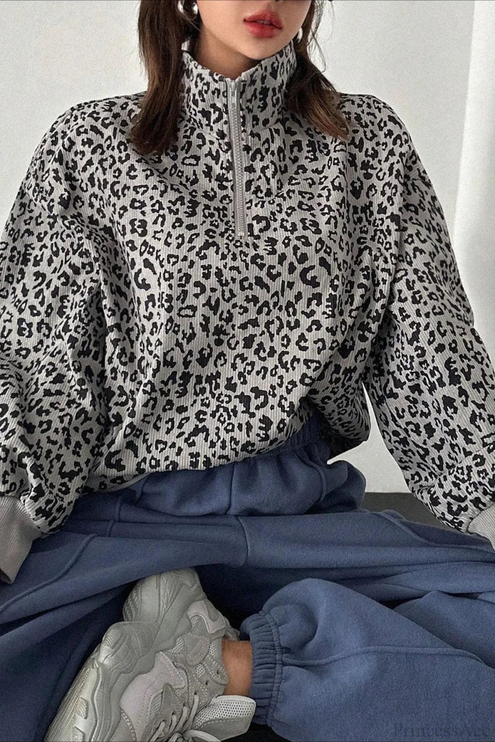 Leopard Print Half-Zip V-Neck Long Sleeve Sweatshirt