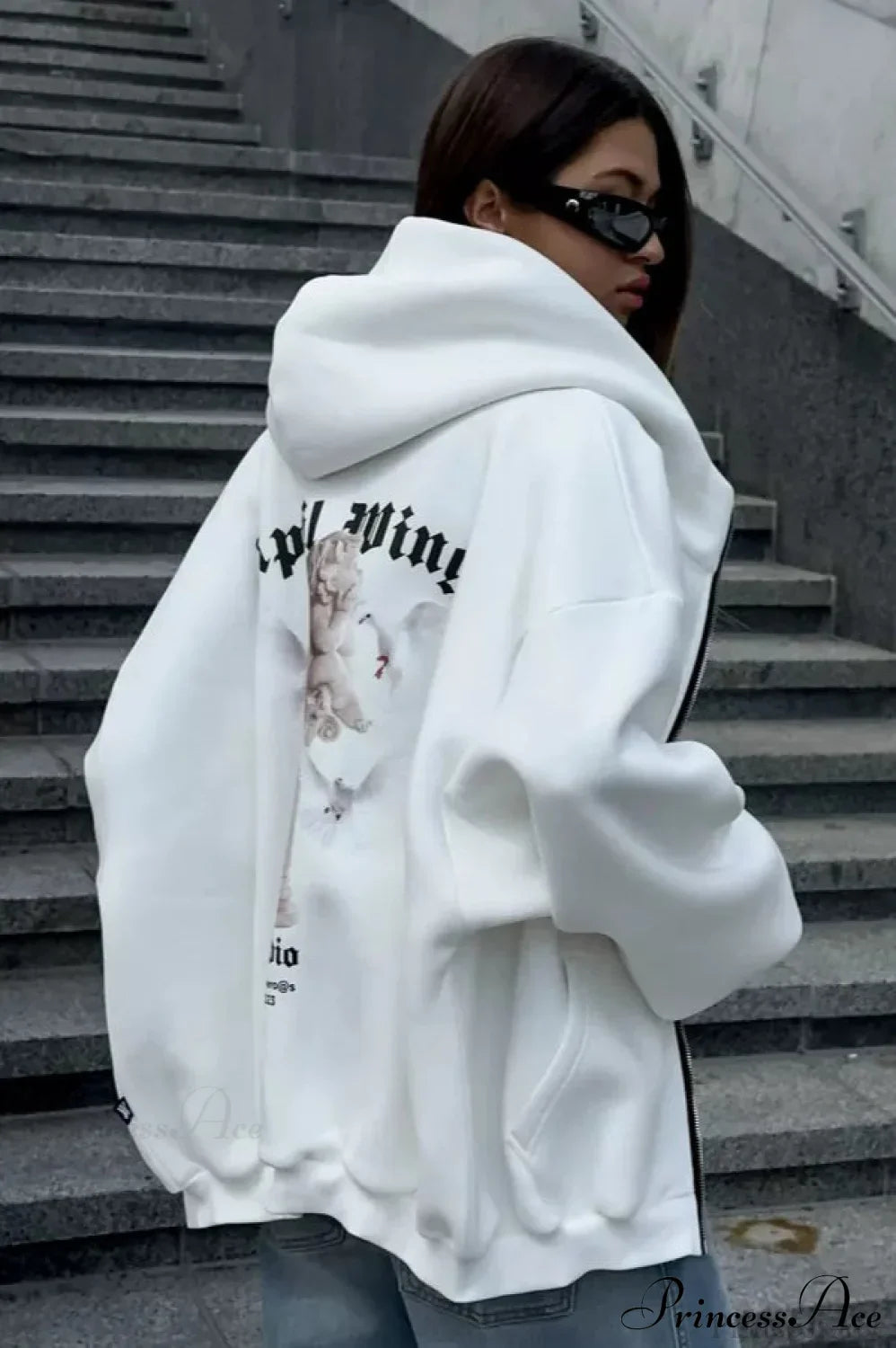 Oversized Street Casual Angel Print Zip-Up Hoodie