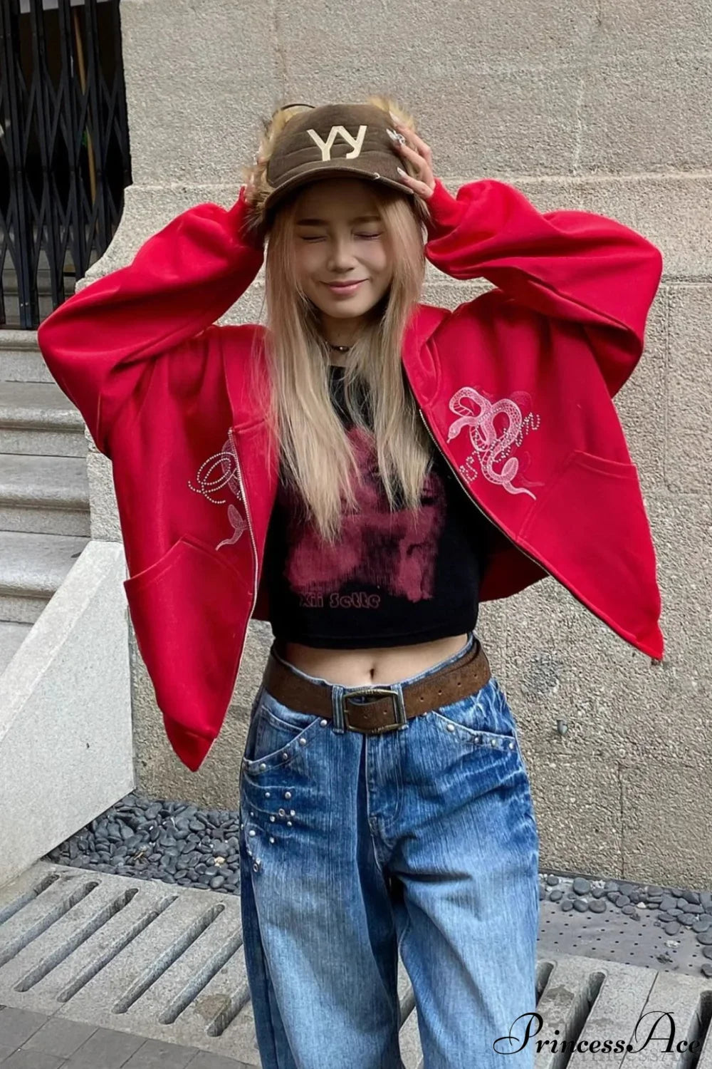 Snake Print Rhinestone Zip Up Cropped Hoodie