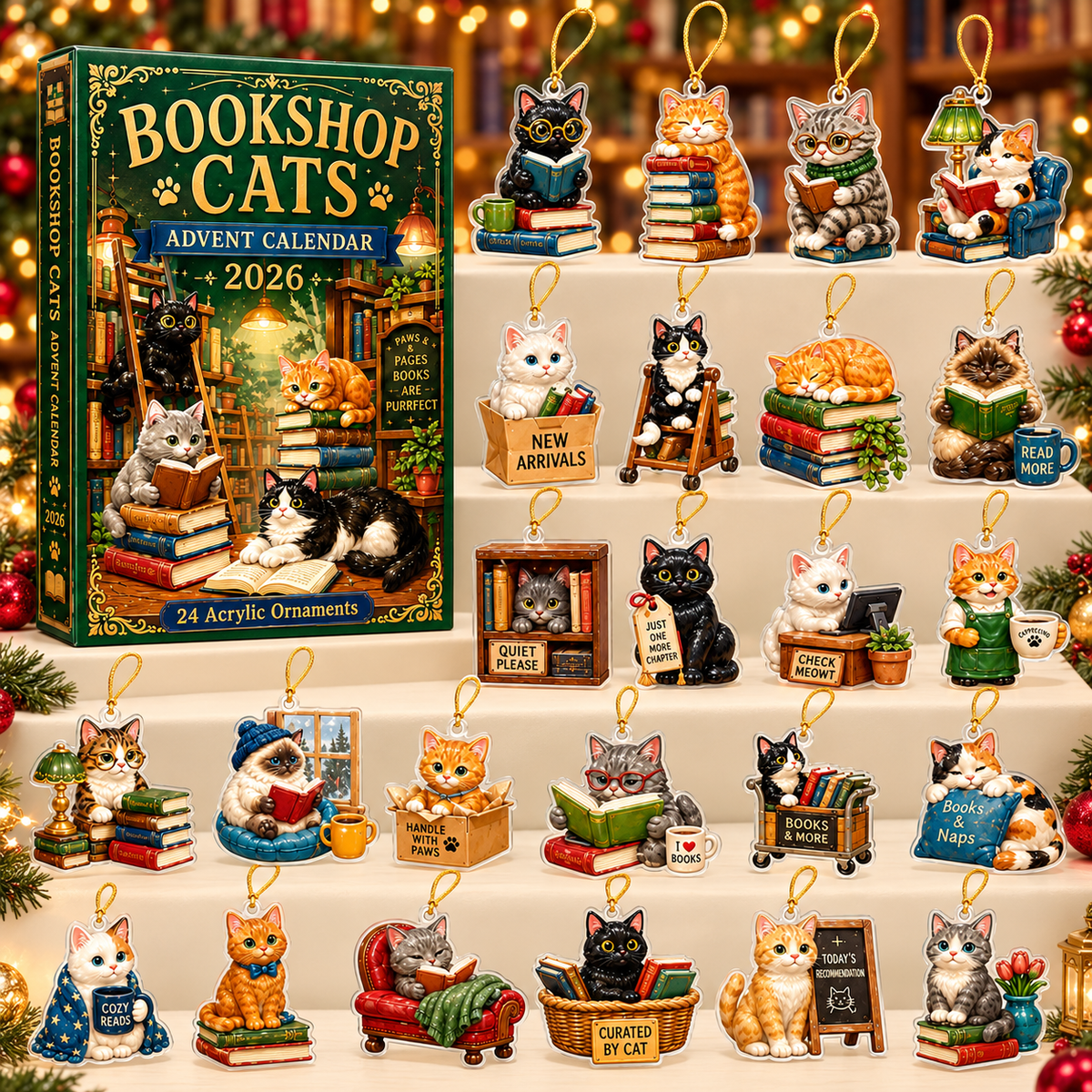 Bookshop Cats Advent Calendar 2026 - 24-Day Festive Countdown, Acrylic Charms Blind Box - Gift For Reading Lovers